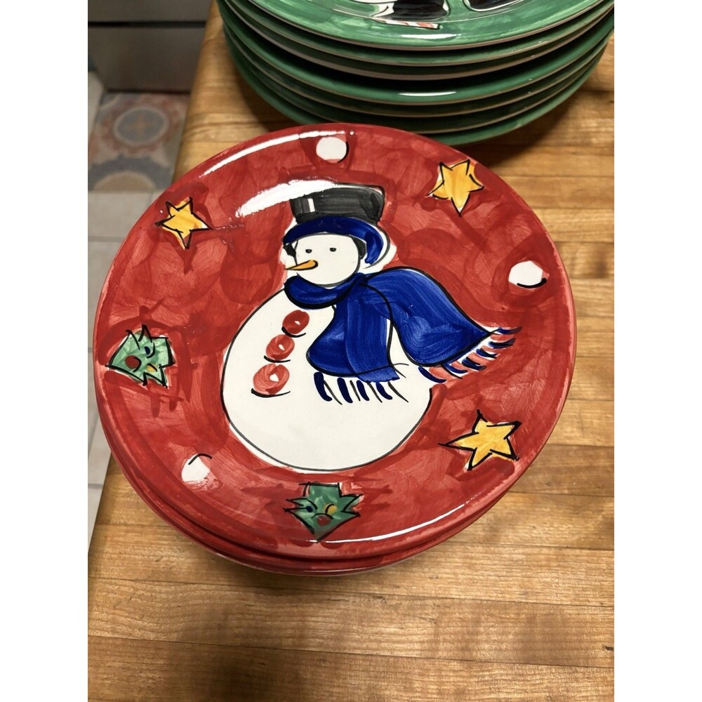 Set Of 8 Gibson Snowman Stoneware Dessert Plates 8”